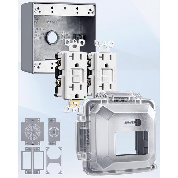 2-Gang Outdoor GFCI Outlet Kit with Weatherproof Cover and Junction Box, UL Listed in-Use Outlet Cover, 20 Amp TR WR ETL Listed GFCI Receptacle, Non-Metallic Extra-Duty Box, Grey, 1 Pack