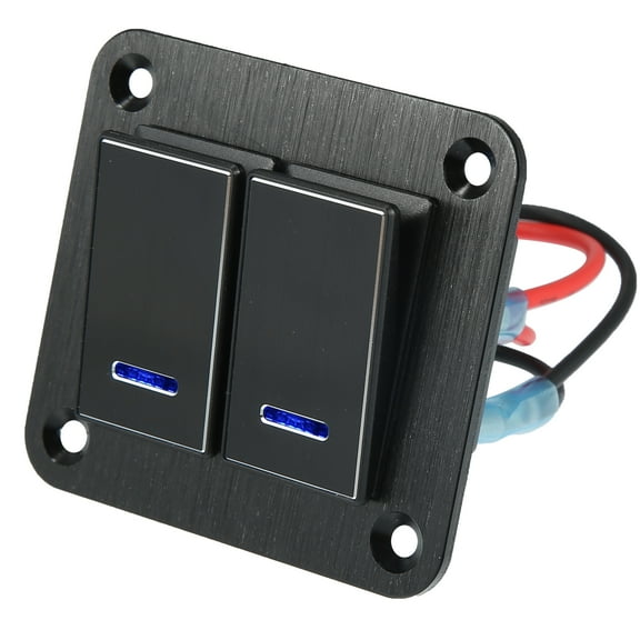2 Gang Rocker Switch Panel 3 Pin Pre-Wired Toggle Switch Aluminum Alloy Blue LED Light Push Button for 12V 24V Black