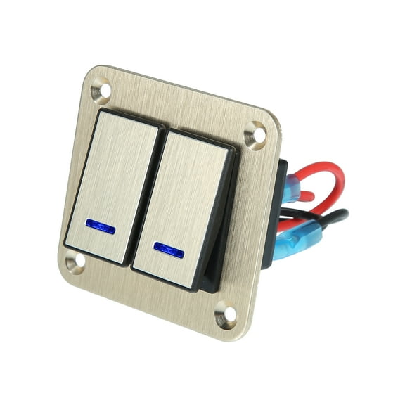 2 Gang Rocker Switch Panel 3 Pin Pre-Wired Toggle Switch Aluminum Alloy Blue LED Light Push Button for 12V 24V Gold Tone
