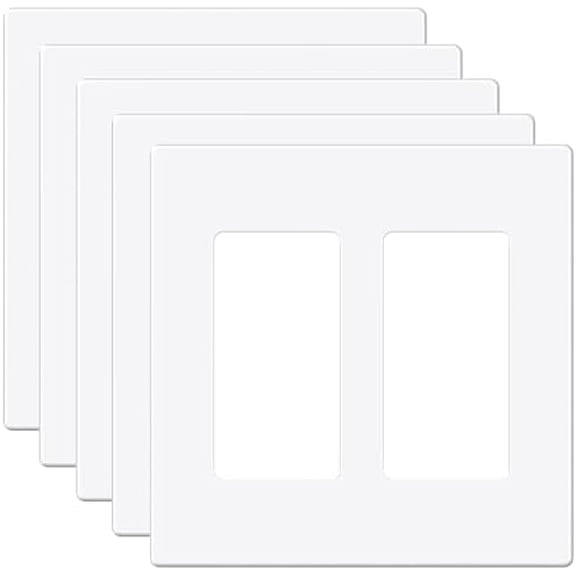 2-Gang Screwless Decorator Wall Plate Cover for Receptacle Outlet & Light Switch, Standard Size 4.53"H x 4.53"W, Unbreakable Thermoplastic Faceplate, UL Listed, Matte White 5-Pack