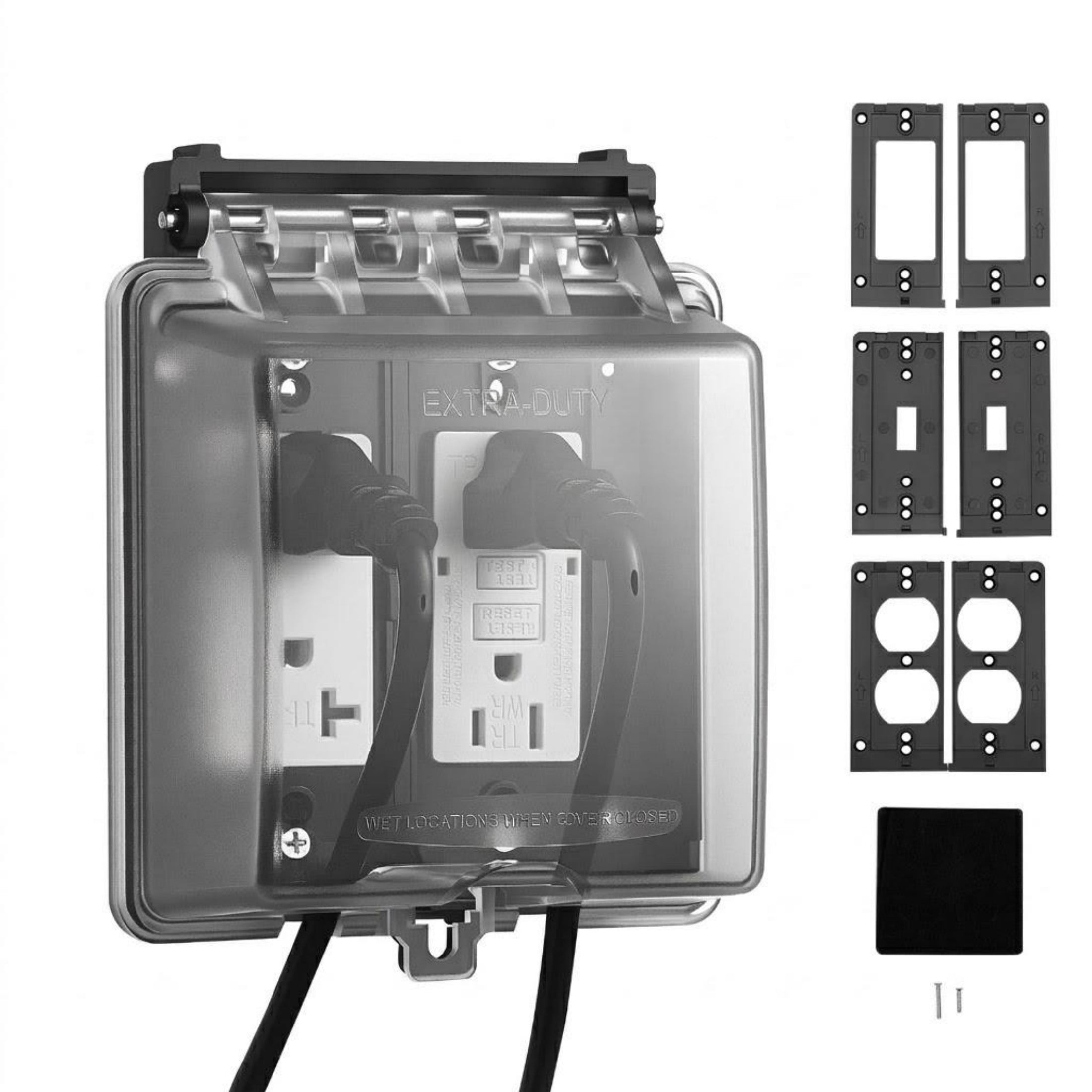 2-Gang Weatherproof Outdoor Outlet Cover, Lockable Electrical Receptacle Protector, 12-in-1 Configurations, Clear