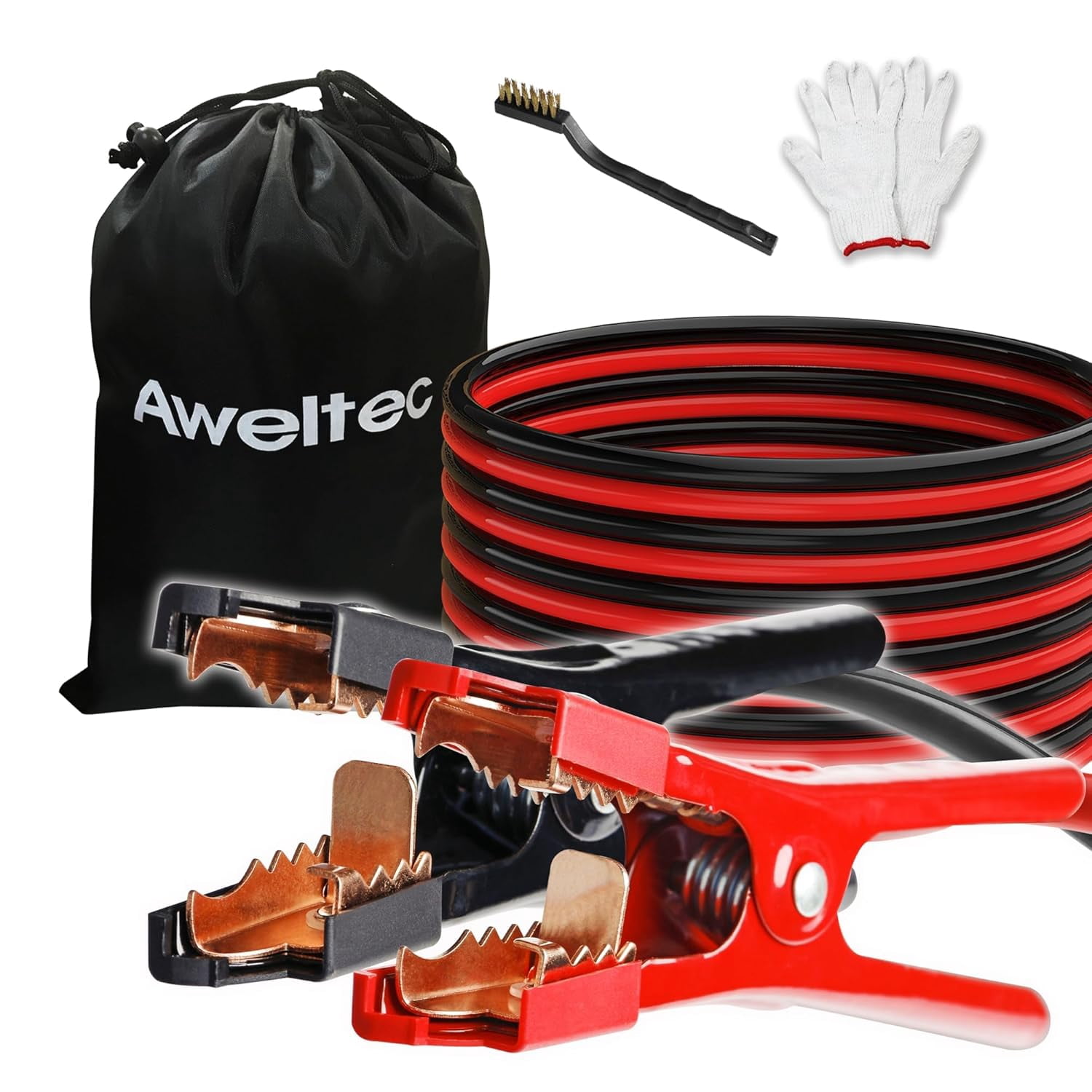 2 Gauge 20 ft Jumper Cables, Heavy Duty Battery Booster Cable Set with Alligator Clamps, Carry Bag, Safety Gloves and Wire Brush for Cars, Trucks and SUVs