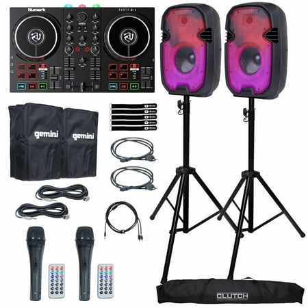 (2) Gemini PartyBox Rave8 8" Powered Speakers with Numark Party Mix II DJ Controller Package