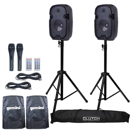 (2) Gemini PartyBox Rave8 8" Powered Speakers with Tripod Speaker Stands Package