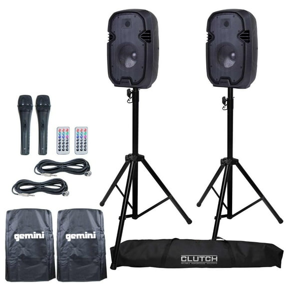 (2) Gemini PartyBox Rave8 8" Powered Speakers with Tripod Speaker Stands Package