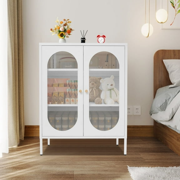 2-Glass Door Storage Cabinet Adjustable Shelves Vanity Cabinet Accent Cabinet Bedroom Storage Cabinet Kitchen Server Storage Floor Sideboard Cabinet for Kitchen, Bedroom, Living Room, Office