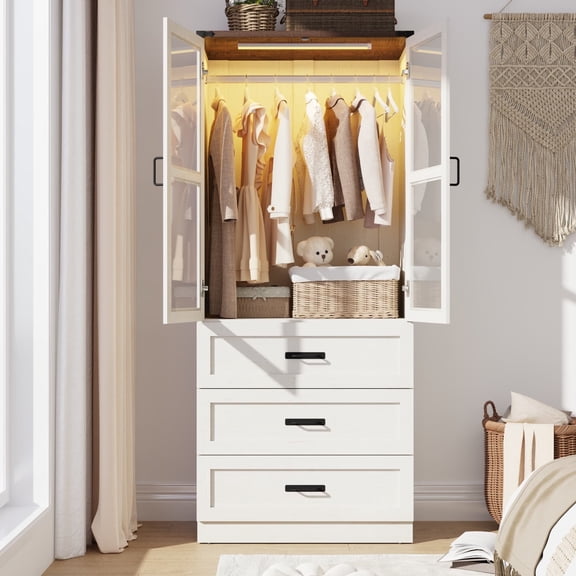 2 Glass Doors Armoire Wardrobe Closet with 3 Drawer & LED Light,75"H Wardrobe Closet Clothing Organizer with Hanging Rail for Bedroom