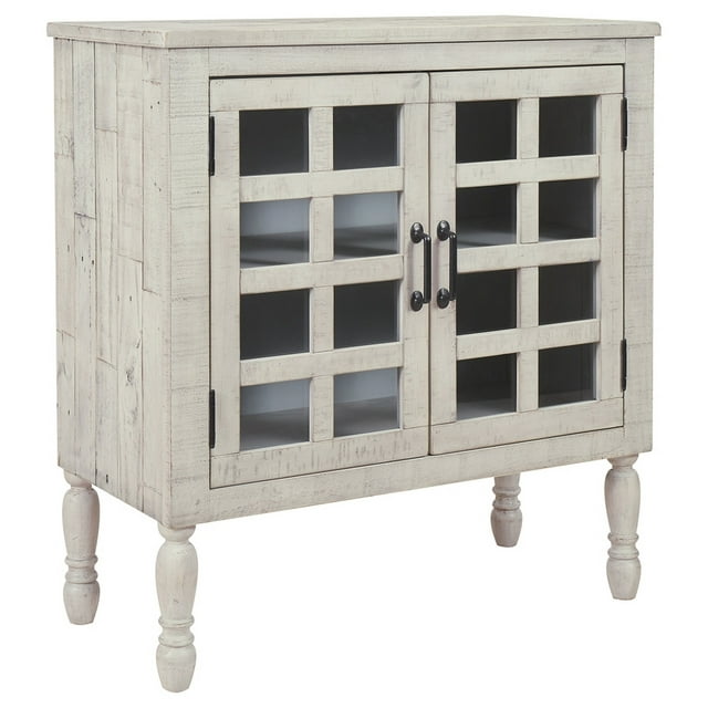 2 Glass Inlay Door Wooden Accent Cabinet with Turned Legs Antique White - Saltoro Sherpi