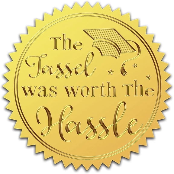 2" Gold Foil Embossed Stickers 100Pcs Graduation Cap The Tassel Worth The Hassle Certificate Seals Self Adhesive Sticker Decor Serrated Edge Labels for Wedding Invitation Envelopes Diplomas