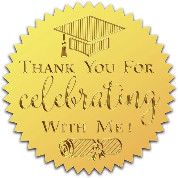2" Gold Foil Embossed Stickers 100Pcs Graduation Cap Thank You for Celebrating with Me Certificate Envelopes Seals Self Adhesive Sticker Round Serrated Edge Labels for Invitation Diploma Gold