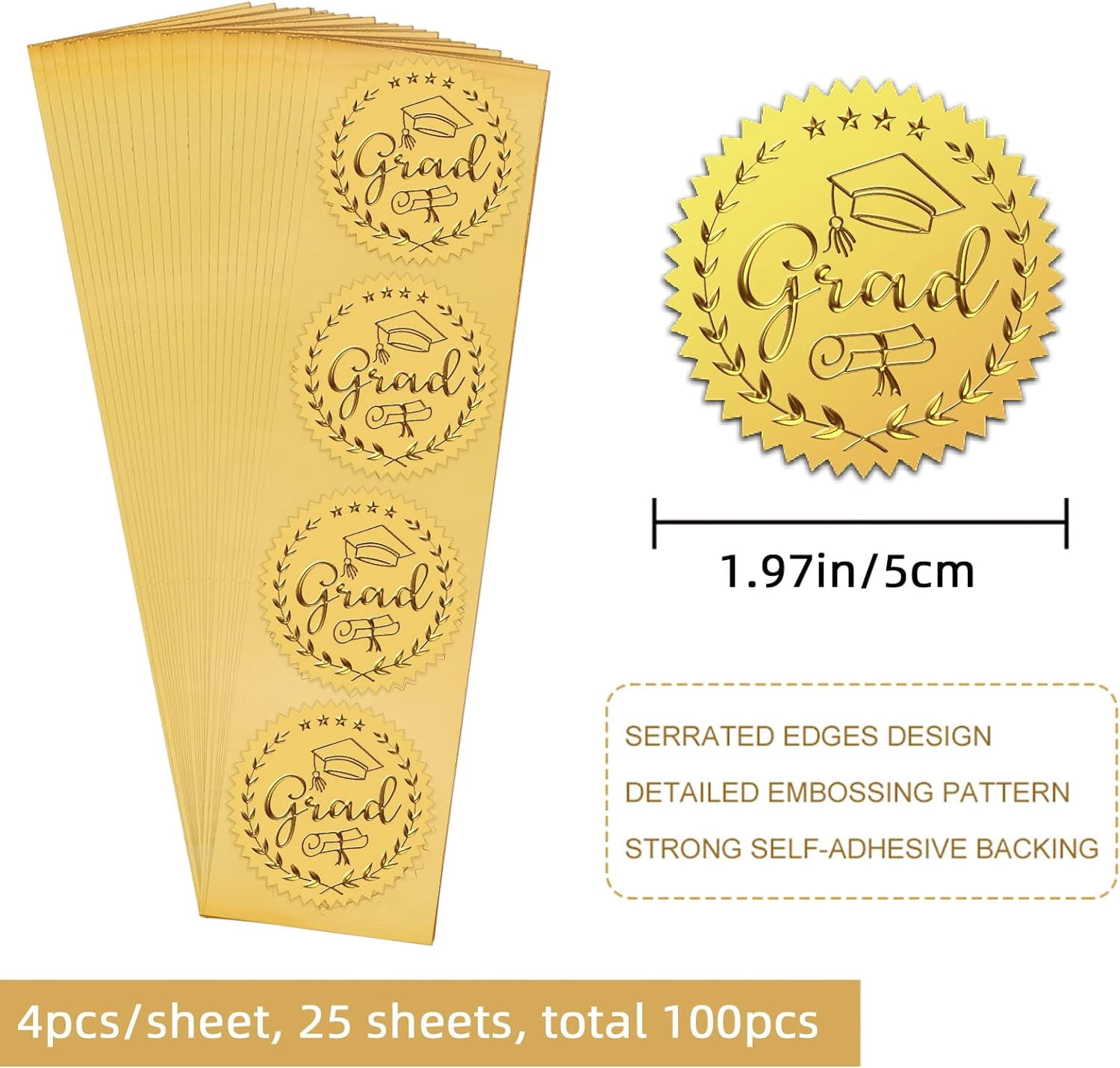 2" Gold Foil Embossed Stickers Grad Graduation Certificate Seals Self ...