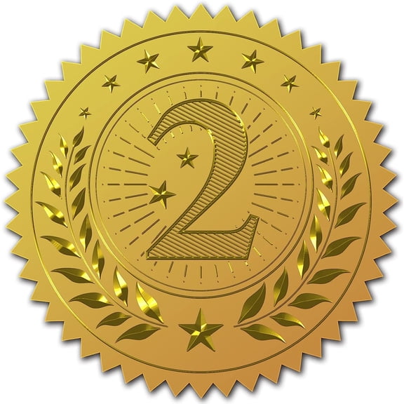 2" Gold Foil Sticker Medal 2nd Place 100pcs Certificate Seals Gold Embossed Round Embossed Foil Seal Stickers for Envelopes Invitation Card Diplomas Awards Graduation Gold