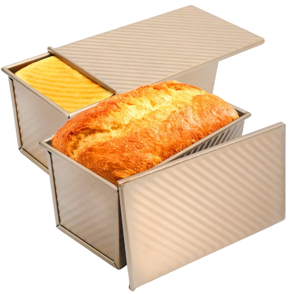 2 Pcs Golden, Toaster Box Molds, Oven Baking Tools for Homemade Bread Making with 50 Release Papers (Size: 3.94 × 7.48 × 4.49 in)