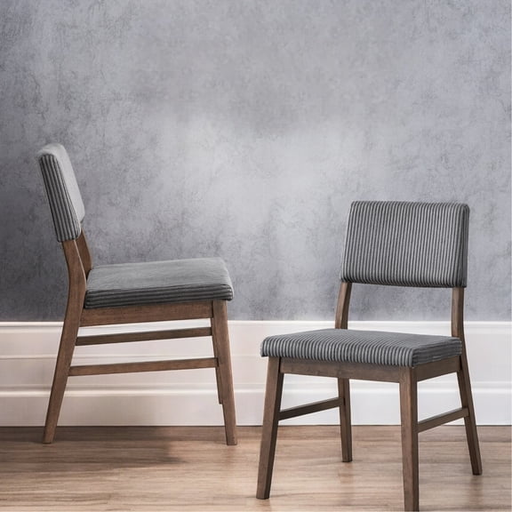 2 Gray Corduroy & Walnut Side Chairs - Padded Seat And Back, Scandinavian Design, D24 Foam Density, Wood Veneer, 19" W, 17" D, 220lbs Weight Load-bearing 2pcs Finish Back Cushion, Composite Foam, H,