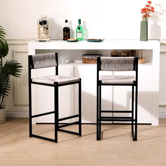 Of 2 Gray Counter Height Bar Stools - Metal & Paper Rope Construction. For Home, Office, Cafe Decor Hand Weave (2pcs) Frame Soft Seat. Elegant For Kitchen, Dining Areas