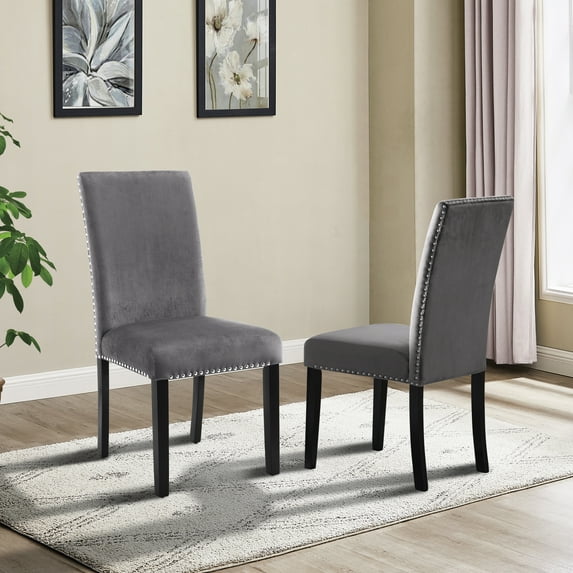 Of 2 Gray Velvet Dining Chairs - Padded For Unbeatable Comfort, Adorned With Nailhead Trim, Constructed Wood Legs, Floor Protected From All Types Damages And Scratches Room Comfortable Seats A