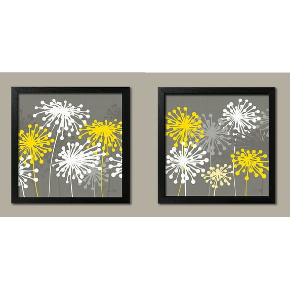 2 Gray, White and Yellow Dandelion Prints; Floral Decor; Two 12x12in Black Framed Prints, Ready to Hang!