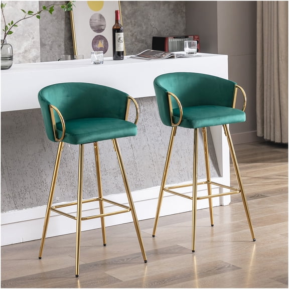 2 Green Velvet Bar Stools with Chrome Footrest and Golden Base, 26 Inch Counter Height Swivel Stools for Kitchen Island, Dining, Living Room