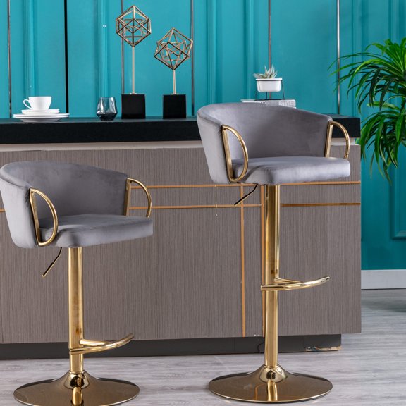 2 Grey Bar Stools with Foam Filler | Chrome Footrest and Swivel Function for Pub Use | Enjoy Relaxed Seating