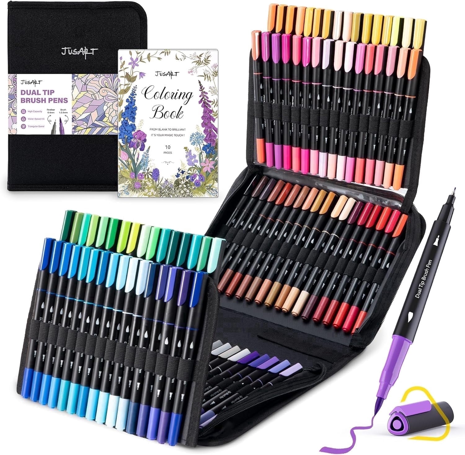 JusArt Markers for Adult Coloring Books No Bleeding, 100 Colors Coloring Markers with Dual Tips, Fine & Brush Pens with Ergonomic Triangle Grip & 33% More Ink, Water-Based Art Drawing Set for Adults