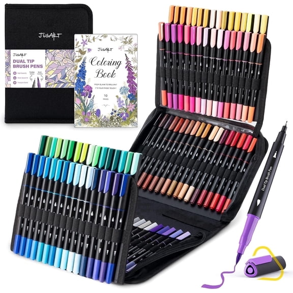 JusArt Markers for Adult Coloring Books No Bleeding, 100 Colors Coloring Markers with Dual Tips, Fine & Brush Pens with Ergonomic Triangle Grip & 33% More Ink, Water-Based Art Drawing Set for Adults