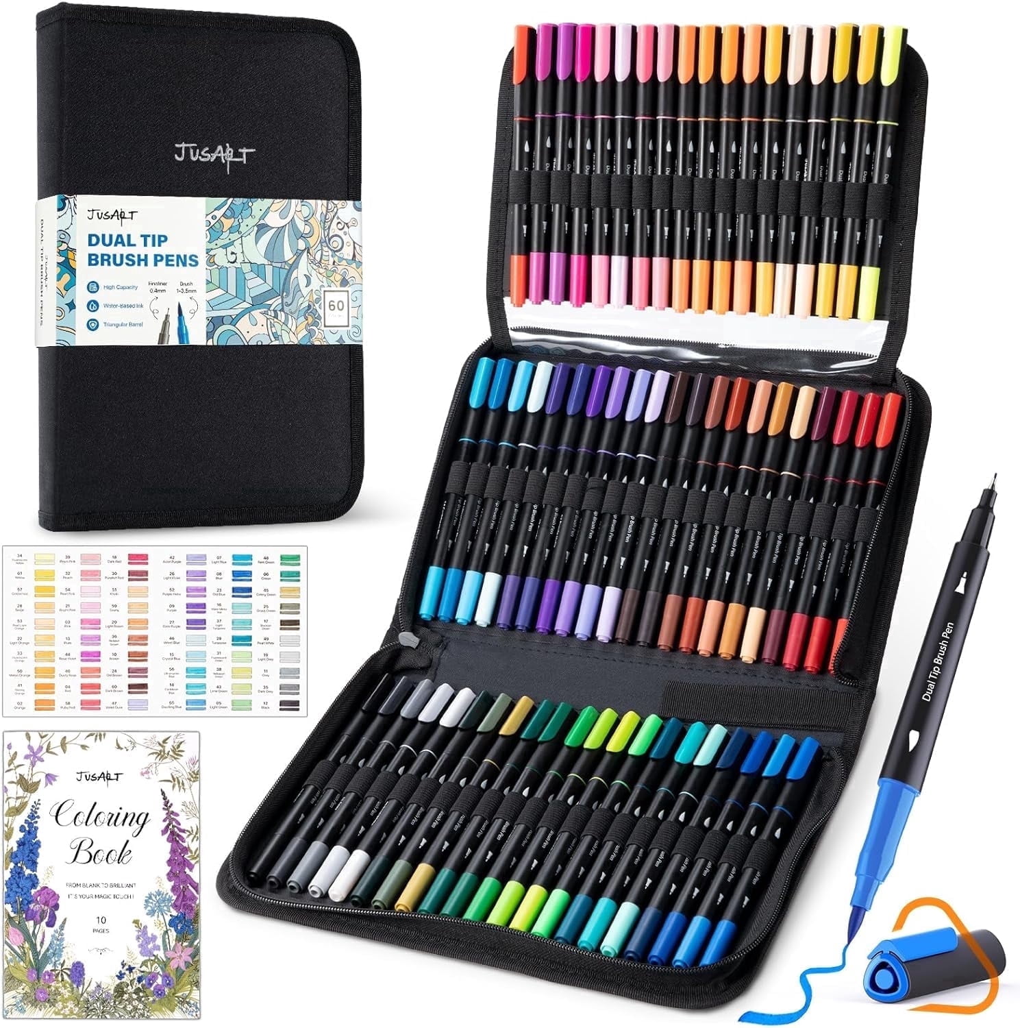 JusArt Markers for Adult Coloring Books No Bleeding, 60 Colors Coloring Markers with Dual Tips, Fine & Brush Pens with Ergonomic Triangle Grip & 33% More Ink, Water-Based Art Drawing Set for Adults
