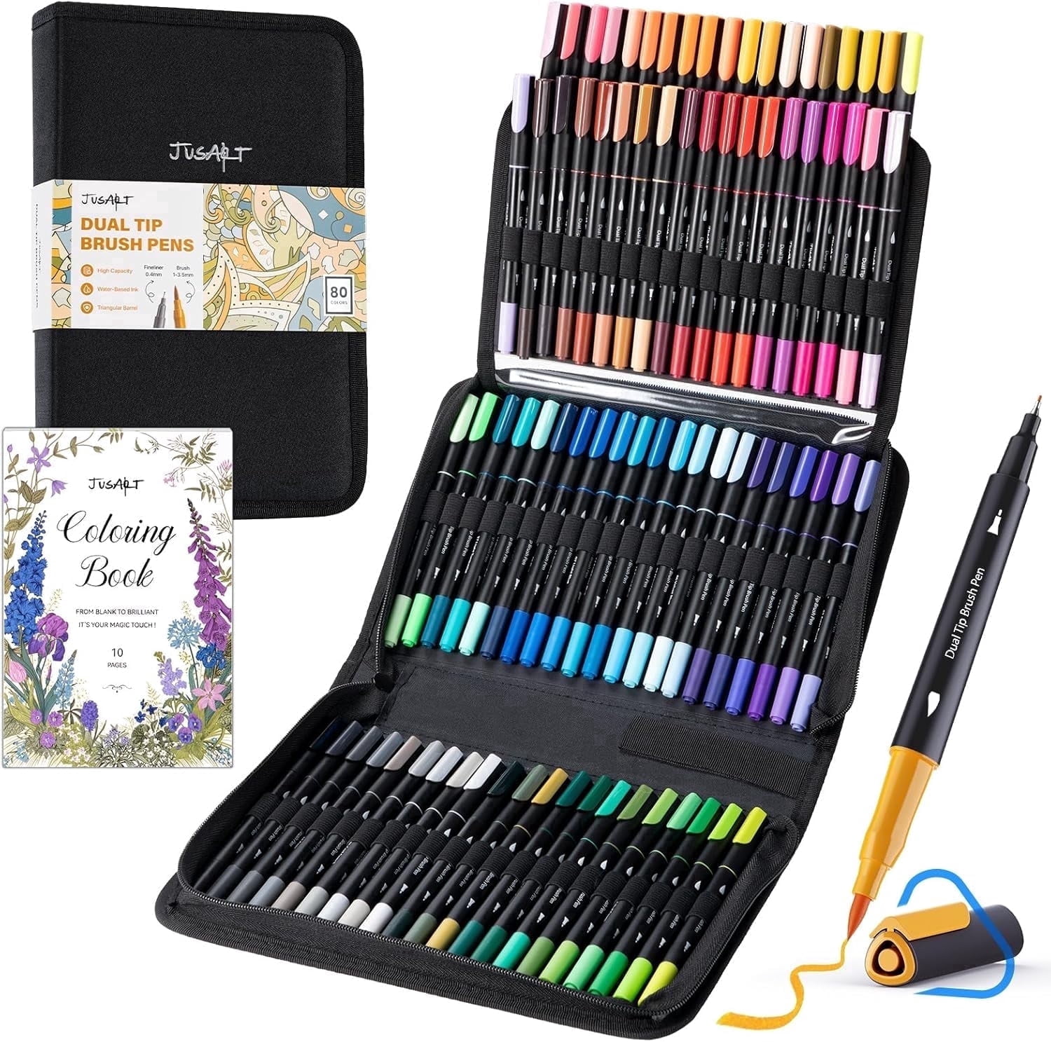 JusArt 80 Colors Art Brush Marker, Dual Tip Coloring Markers, Fine Tip and Brush Tip Markers Pen for Book Painting Card Making, Easter Gift