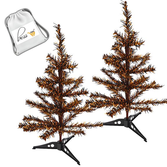 (2) Halloween Artificial Mini Trees with Stand, 18 Inches Orange and Black Tinsel Branches Sturdy Base Spooky Indoor Decoration Haunted House Props TableTop Accents Party Decor Creepy Display