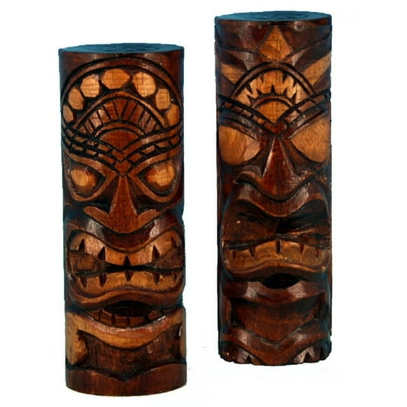 2 Hand Carved Tiki Bar Totem Pole Statues