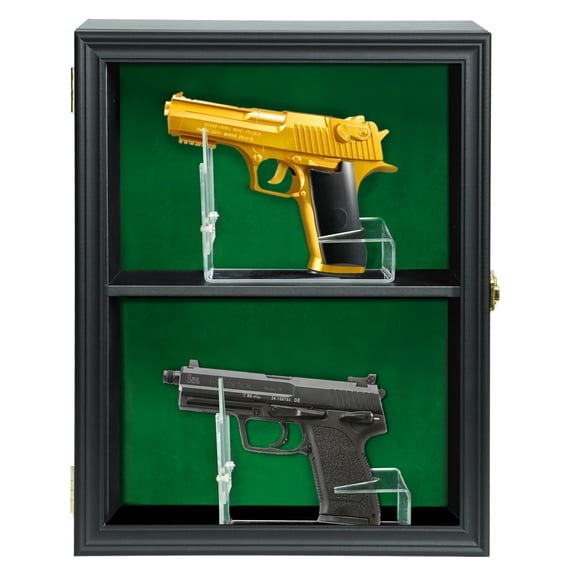 2 Handgun Pistol Revolver Gun Display Case Wall Mount Lockable Black Felt Wood Cabinet w/ 98% UV Protection Acrylic Clear Door Gun Shadow Box Stand Rack Holder