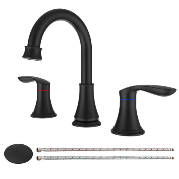 2 Handle 8 Inch Widespread Bathroom Sink Faucet with Pop-Up Drain, High Arc Modern Bathroom Vanity Lavatory Faucet 3 Holes with Brass 360° Swivel Spout, Matte Black