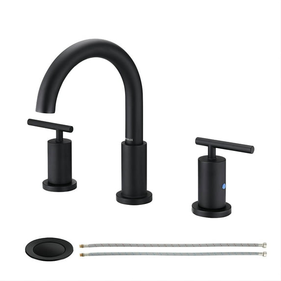 PARLOS 2-Handle Widespread Bathroom Faucet with Metal Pop-up Drain Assembly and Supply Lines, Matte Black