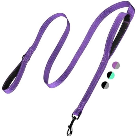 2-Handle Dog Leash Heavy Duty Traffic Control & Night Safety Reflective Lead for Small Mid Large Dogs, Comfort Padded Grip Dog Leashes for Walking and Training(6 FT x 1" Wide Purple+Black)