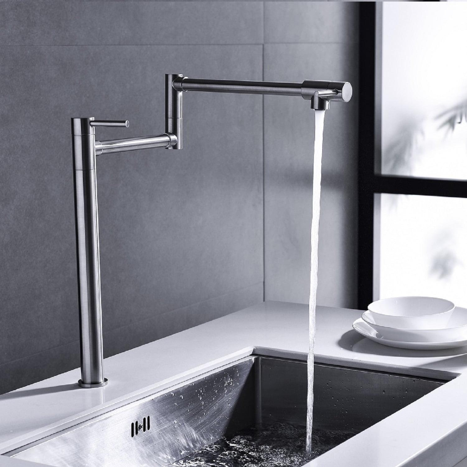 2-Handle Dual Joint Pot Filler Faucet – Brushed Nickel Brass with Extension Shank 20” Reach 4GPM, Foldable Deck Mount Kitchen Faucet
