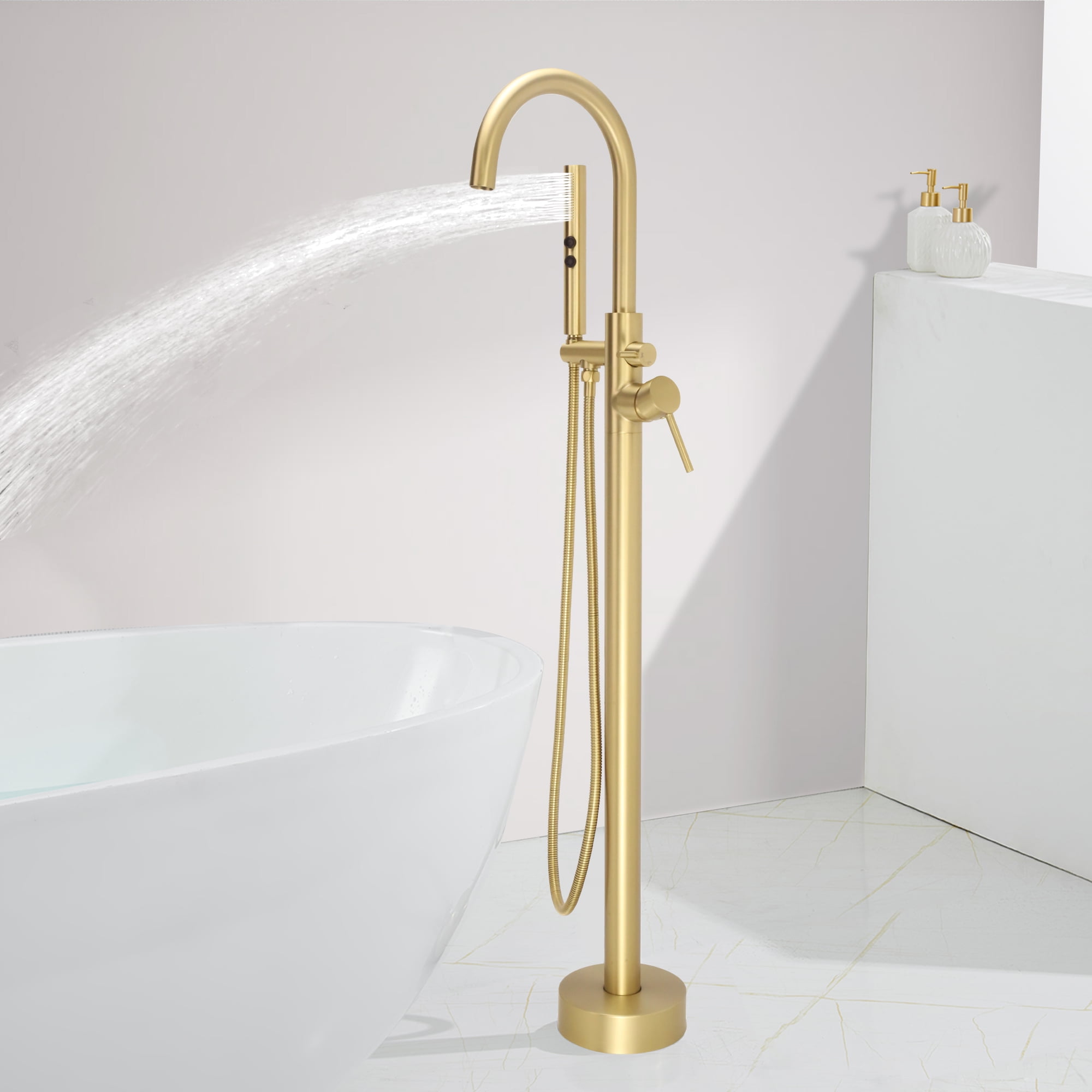 SUNRINX Brushed Brass Free Freestanding Tub Faucets, 2 Handle Freestanding Tub Faucets With Brass Two-Function Handshowe, Max 6 GPM Floor Mount Tub Filler Bathtub Faucet With 360° Swivel Spout