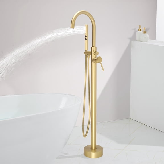SUNRINX Brushed Brass Free Freestanding Tub Faucets, 2 Handle Freestanding Tub Faucets With Brass Two-Function Handshowe, Max 6 GPM Floor Mount Tub Filler Bathtub Faucet With 360° Swivel Spout