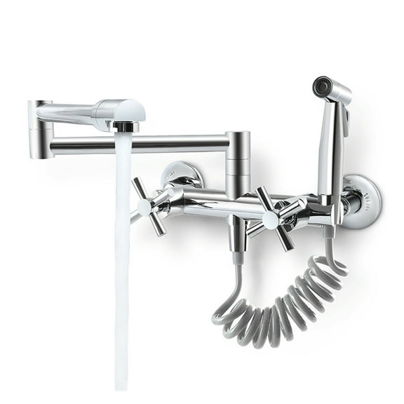 2 Handle Kitchen Faucet Wall Mounted Pot Filler Folding Faucet 360 Rotating Nozzle With Side Sprayer,Polished Chrome ,360 Swivel High Arc Faucet