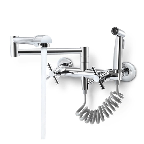 2 Handle Kitchen Faucet Wall Mounted Pot Filler Folding Faucet 360 Rotating Nozzle With Side Sprayer,Polished Chrome ,Bar Laundry RV Farmhouse