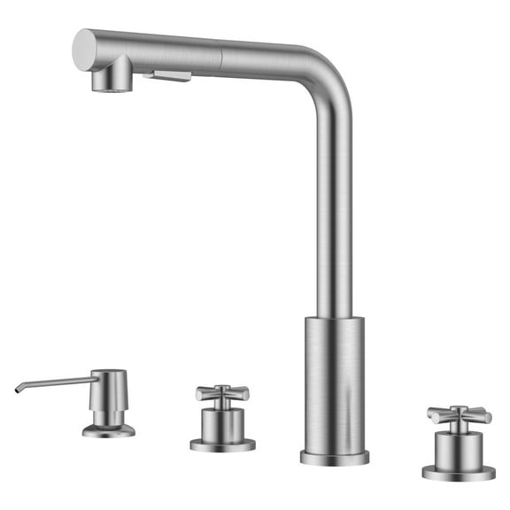 2 Handle Pull Down Kitchen Faucet with Soap Dispenser, 4 hole Stainless Steel Faucet with Separate Handles, L-shaped with Pull Down Sprayer, Brushed Nickel Kitchen Sink Faucet for 3 hole Kitchen/Bar/