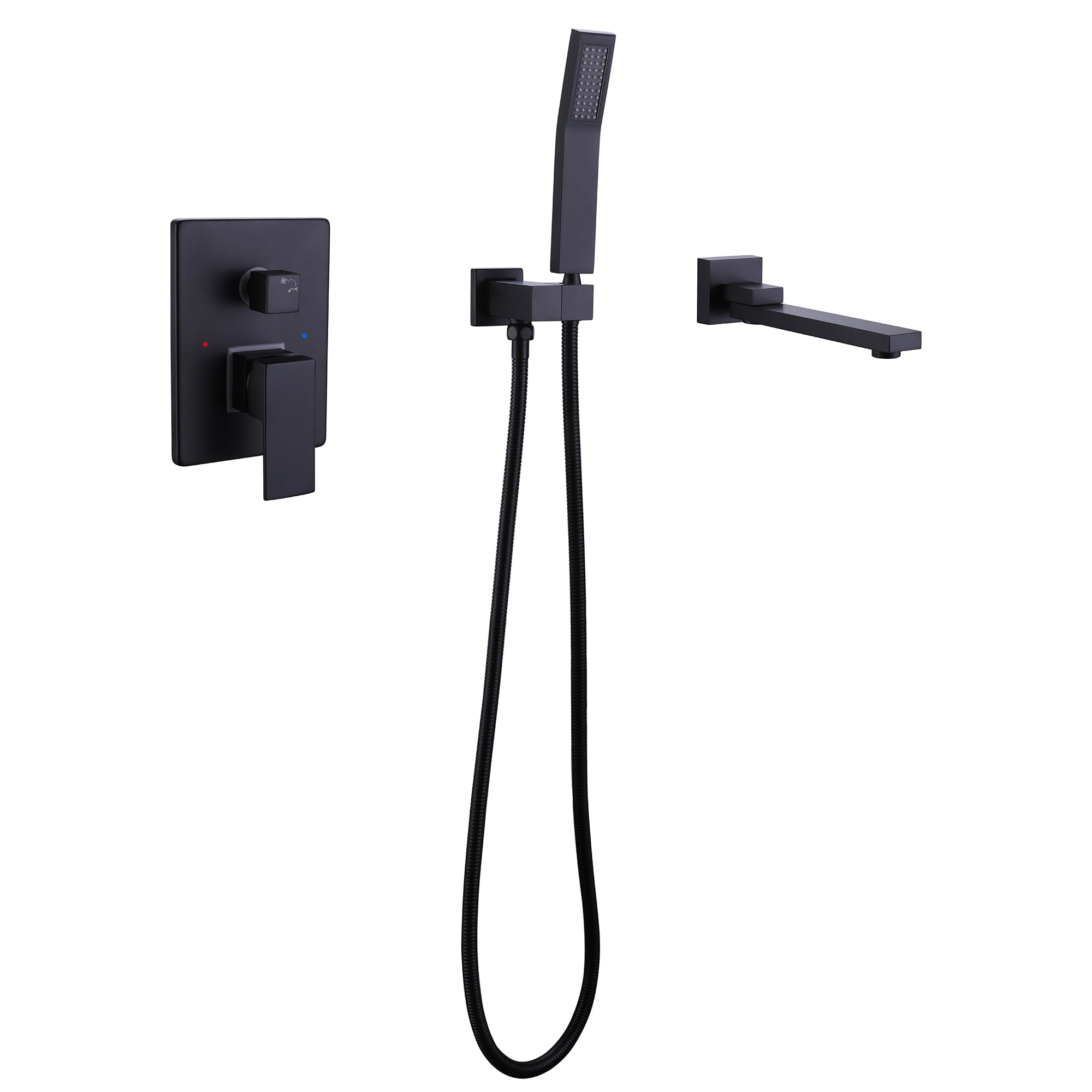 2 Handle Wall Mounted Bathroom Tub Filler with Hand Shower, Brass Matte Black Waterfall Bathtub Faucet, Matte Black