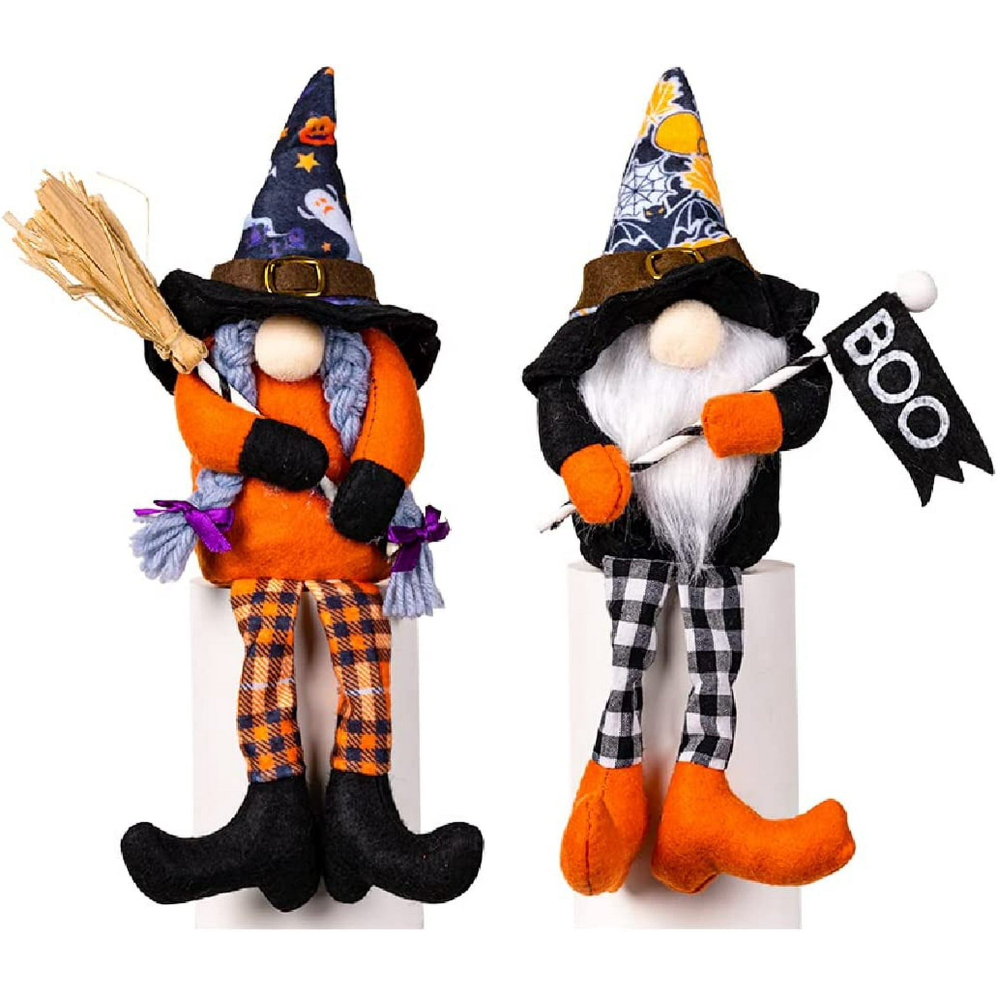 2 Handmade Cute Small Swedish Gnomes With Witch Broom And Hat For Helloween Farmhouse Decoration