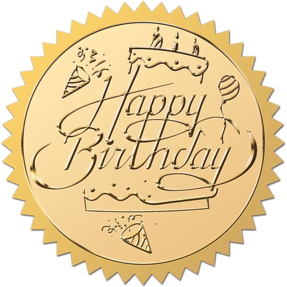 2" Happy Birthday Gold Foil Embossed Stickers Certificate Awards Seals Self Adhesive Serrated Edge Cake Sticker 100Pcs Foil-coated Glossy Labels for DIY