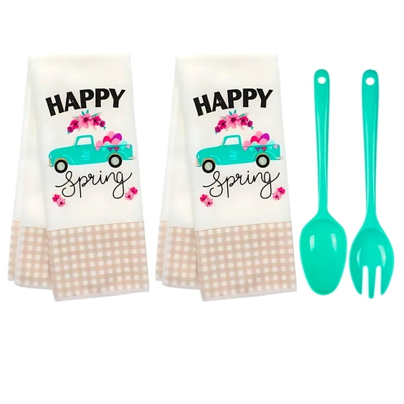 (2) Happy Spring Truck Kitchen Towels, 15x25in and Turquoise Serving Spoon Fork Utensil Set, Spring Home Dcor Farmhouse Kitchen Accessories Seasonal Hostess Gift Cooking Baking Tools