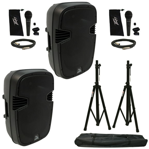 (2) Harmony HA-L15BA Pro DJ Bluetooth 15" 1200W PA Speaker Stand & Peavey Mics