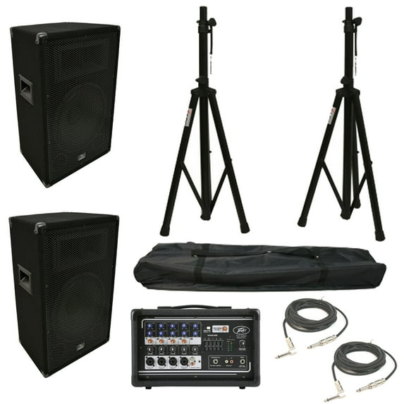 (2) Harmony HA-V12P 12" DJ PA Speaker Peavey PV 5300 Powered Mixer Cables Stands