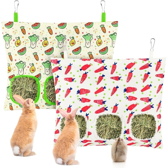2 Hay Bag for Rabbits 3-Hole Hanging Hay Feeder Guinea Pig Hay Bags, Hay Feeder for Rabbits Chinchillas Hamsters Small Pets and Animals