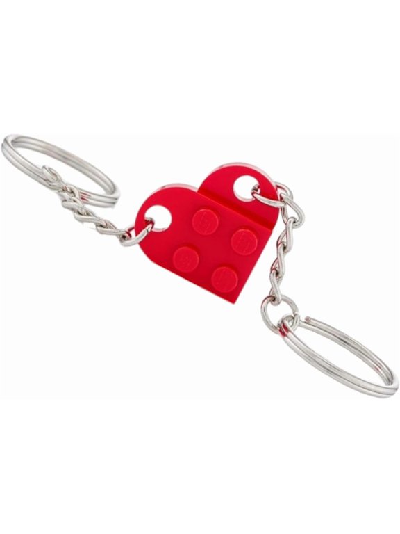 (2 Heart Keychain Set & Blue Pouch) For Couples Heart Keychain For Boyfriend Girlfriend Small Cute Brick Heart Matching Keychains