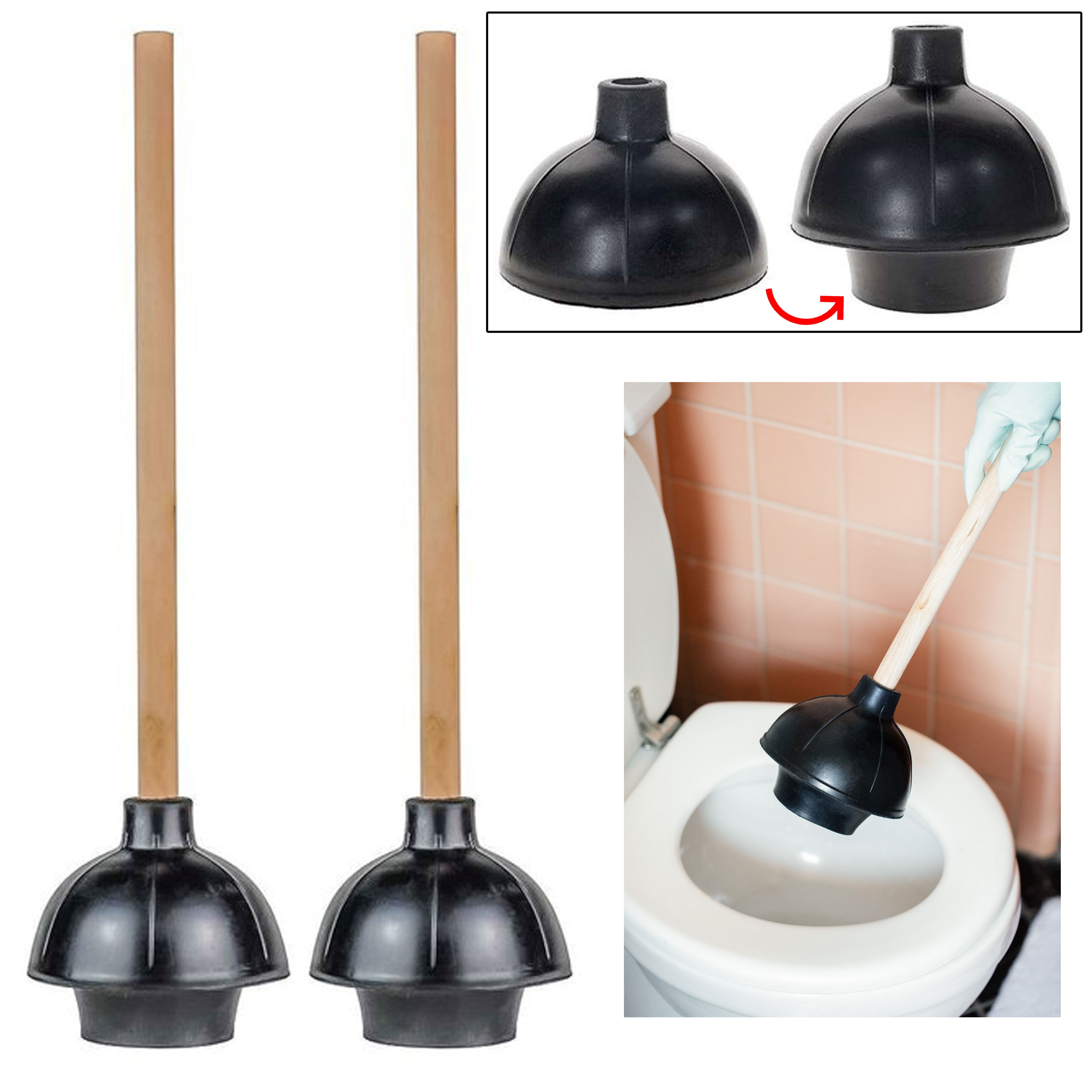 "All Top Bargains 2 Heavy Duty Toilet Plunger, 19"" L Wooden Handle ...