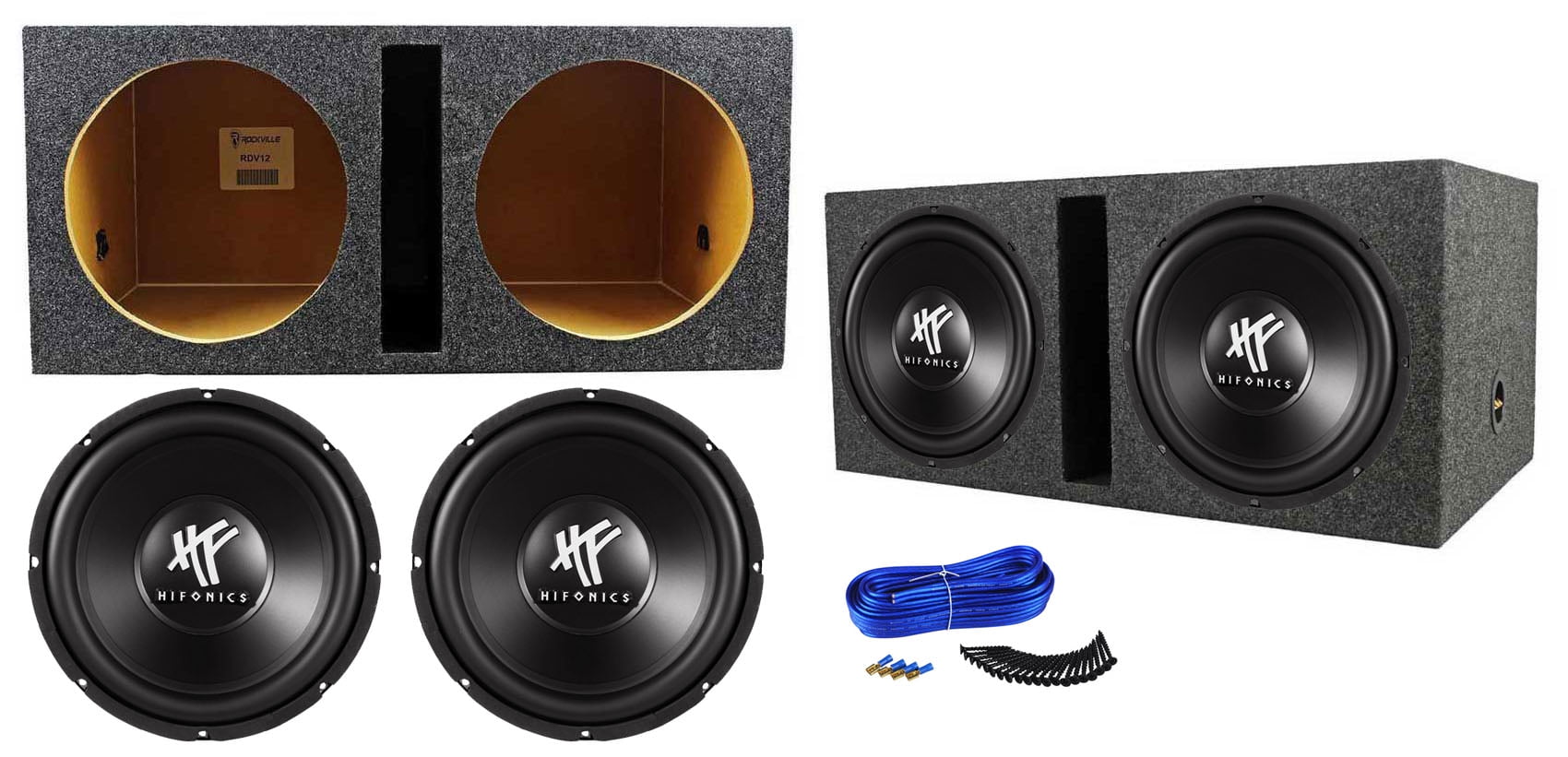 (2) Hifonics HFX12D4 12" 1600w DVC 4Ohm Car Subwoofers+Vented Sub Box