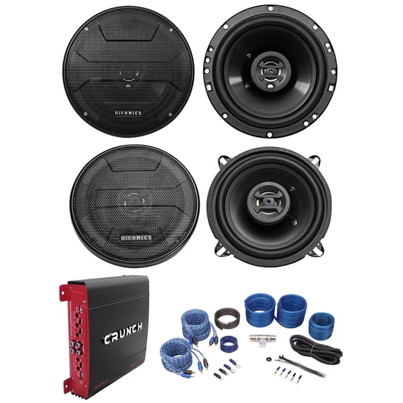 (2) Hifonics ZS653 6.5" 600W Speakers+(2) 5.25" Speakers+4-Ch Amplifier+Amp Kit